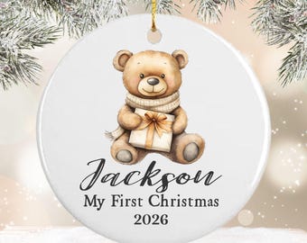 Personalized Baby’s First Christmas Ornament – Custom Name and Year – Ceramic Keepsake with Back Personalization