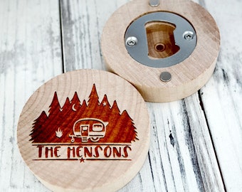 Personalized Name or Town Camping Camper Personalized Custom Engraved Wooden Bottle Opener Magnet