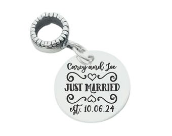 Just Married Wedding Anniversary Personalized Custom Engraved Sterling Silver or Stainless Steel European Style Charm Bead Compatible