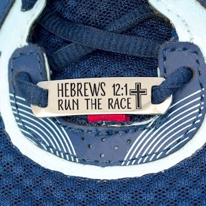 Run the Race Hebrews 12:1 Runner Shoe Lace Tag Training Running Engraved Underside Can be Personalized with Custom Message Christian Gift