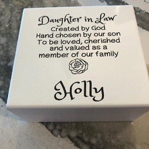 Daughter in Law Created by God Engraved Custom White Jewelry Box Mirror Inside