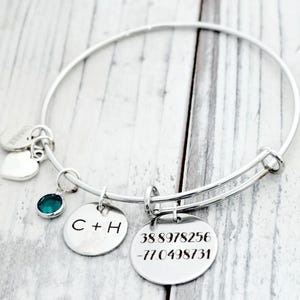 Coordinates Latitude Longitude GPS Personalized Custom Wire Adjustable Bangle Charm Bracelet Birthstone Special Place Location First Kiss