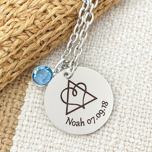 Adoption Symbol Personalized Birthstone Necklace Back can be Engraved with Custom Message Great for newly adoptive parents on gotcha day