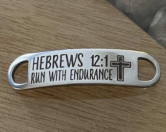 Run with Endurance Hebrews 12:1 Runner Shoe Lace Tag Training Running - Personalized Metal Shoelace Charm - Engraved Shoetag