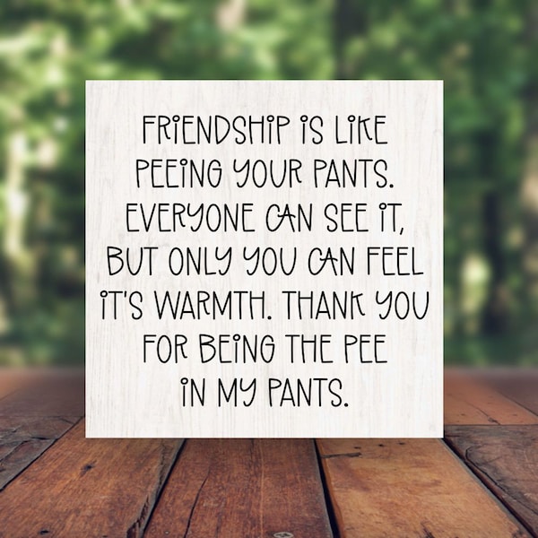 Friendship is Like Peeing Your Pants. Everyone Can See It. Only You can Feel Its Warmth Farmhouse Wall Sign or Shelf Sitter - Multiple Sizes