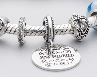 Personalized Just Married Charm Bead, Engraved Sterling Silver or Stainless Steel, European Style Compatible