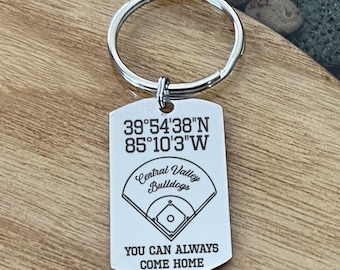 Personalized Baseball Field Softball Keychain, Coordinates Team Name, Custom Senior Night Idea, End of the Season Gift, Always Come Home