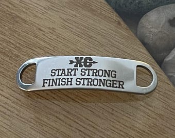 Cross Country Start Strong Finish Stronger Shoelace Charm, Team Gift, XC CC Steel Shoe Tag, Personalized Back