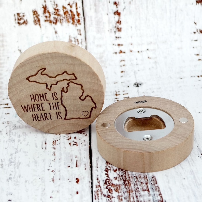 Home is Where Heart is Michigan Personalized Custom Engraved Wooden Bottle Opener Magnet
