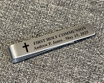 Personalized First Holy Communion Tie Bar: Engraved Stainless Steel Gift
