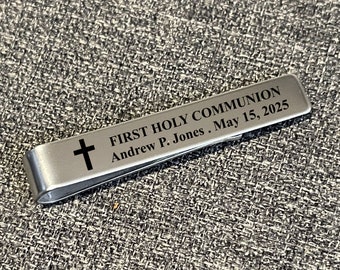 Personalized First Holy Communion Custom Tie Bar Tack Clip Back can be Engraved with Custom Message Godson Son Grandson Gift Multiple Styles