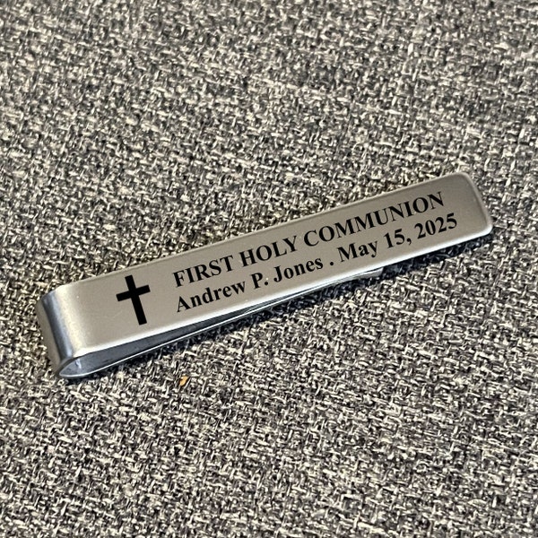 Personalized First Holy Communion Custom Tie Bar Tack Clip Back can be Engraved with Custom Message Godson Son Grandson Gift Multiple Styles