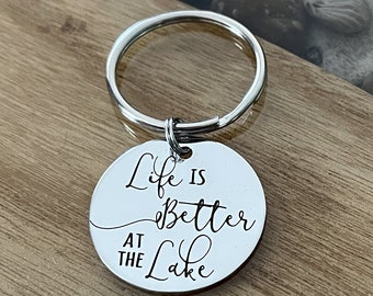 Life is Better at the Lake Key Chain Gift Back can be personalized with engraved custom message Great for Lakehouse Cottage Cabin Keys