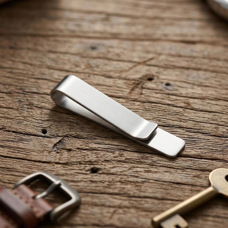 May include: A brushed silver-tone metal money clip with a simple, elongated, folded design. The clip features a smooth, matte finish and a clean, minimalist rectangular shape with rounded edges, designed to hold currency or cards securely.