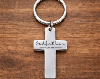 Godfather Gifts, Established Year Custom Cross Key Chain, Personalized Back Option