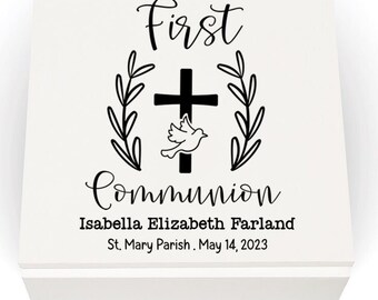 Holy First Communion Dove and Cross Personalized Name Date Church Custom White Jewelry Keepsake Trinket Box