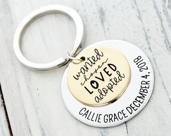 Wanted Chosen Loved Adopted Gotcha Day Personalized Custom Engraved Gold Silver Stacked Key Chain