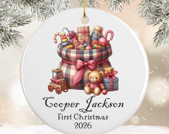 Personalized Baby’s First Christmas Ornament – Custom Name & Year – Ceramic Keepsake with Back Personalization