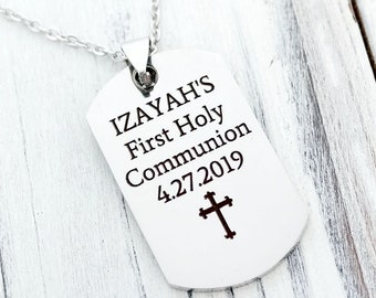 First Communion Boys Personalized Engraved Dog Tag Necklace