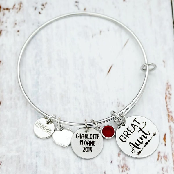 Great Aunt Personalized Custom Birthstone Adjustable Wire Bangle Charm Bracelet