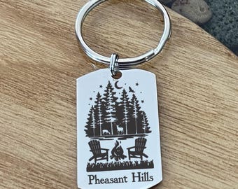 Personalized Camping Keychain, Campfire in the Woods Deer Adirondack Chairs, Camping Friends, Neighbor Gifts