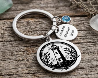 Personalized Lighthouse Keychain, Lake House Cottage Key Holder, Custom Message