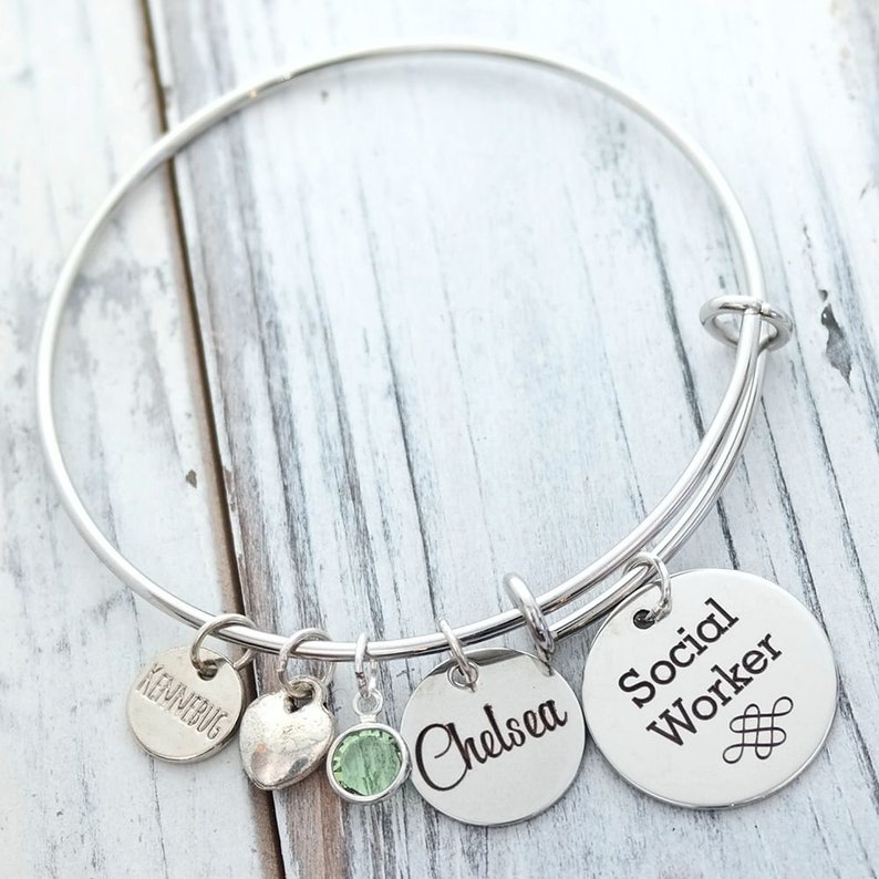 Social Worker Personalized Adjustable Wire Bangle Birthstone Charm Bracelet image 1