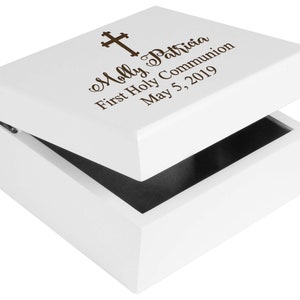 First Holy Communion Personalized Custom White Jewelry Box Mirror Inside