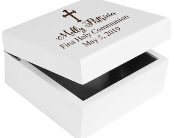First Holy Communion Personalized Custom White Jewelry Box Mirror Inside