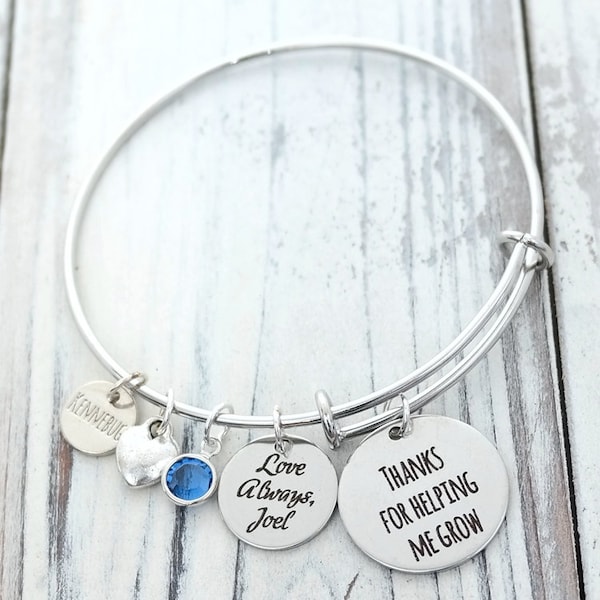 Thanks for Helping Me Grow Teacher Custom Personalized Adjustable Wire Bangle Charm Bracelet