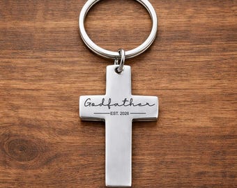 Godfather Established Year Custom Cross Key Chain, Personalized Back Option