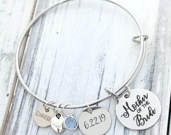 Mother of the Bride Gift, Personalized Wedding Keepsake Bracelet, Custom Engraved Charms, Mother of the Groom