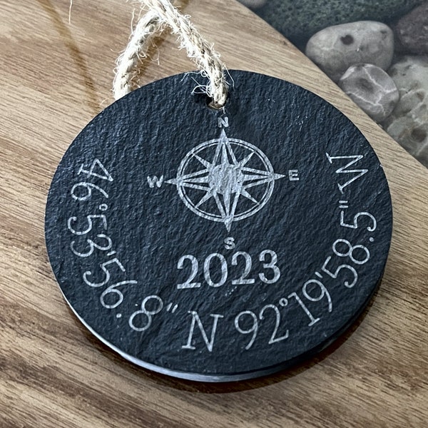 Special Place Compass Coordinates Latitude Longitude GPS Engraved Slate Ornament - Back can be personalized