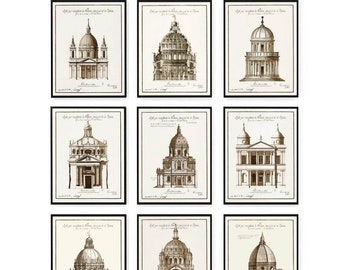 Vintage Architectural Prints Set, Classic Building Drawings, Set of 9