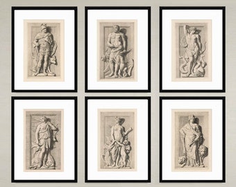 6 Engravings Greek and Roman Figures, neoclassical art prints, historical drawings, Classic architecture home decor or office decor