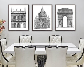 3 set Architectural Art Prints, Architecture drawing, roman architecture, vintage architecture, home decor prints, old architecture Wall Art