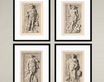 4 Engravings Greek and Roman Figures, neoclassical art prints, historical drawings, Classic architecture home decor or office decor