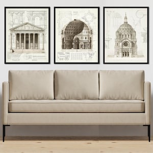 Juego de 3 láminas de arte arquitectónico, dibujo arquitectónico, arquitectura romana, arquitectura vintage, láminas de arquitectura antigua, dibujo antiguo