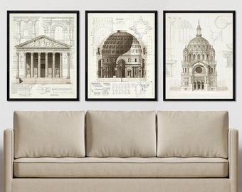 3 set Architectural Art Prints, Architecture drawing, roman architecture, vintage architecture, home decor prints, old architecture Wall Art