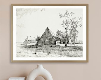 Puede incluir: Dibujo en blanco y negro de dos graneros con un árbol en primer plano. Los graneros son estructuras simples con un techo inclinado y una sola puerta. El árbol es alto y delgado con una densa copa de hojas.