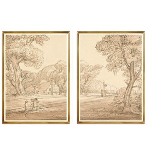 Bleistiftskizze Landschaft Kunstdruck, Rose Gold Dekor, Sepia Landschaftsdekor, Vintage Zeichnung, neutrales Dekor, Walddruck, Bauernhaus Skizze