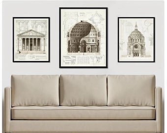 Architectural Art Prints, Roman Architecture Drawing, 3 Piece Set