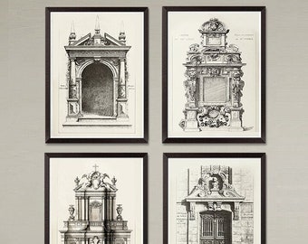 May include: Set of four black and white architectural prints featuring detailed drawings of ornate doorways and arches. The prints are framed in black frames and are displayed on a light gray wall.