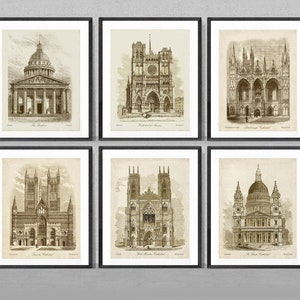 Church Architecture Prints, 6 set architectural prints, Churches, housewarming gift, vintage architecture art, Cathedrals architecture