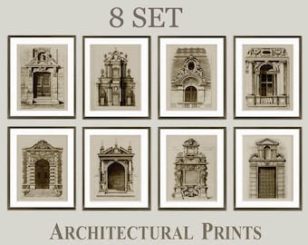 8 SET Architectural prints European facades, Portals wall prints, old drawings, classic wall art, office decor, great gift!