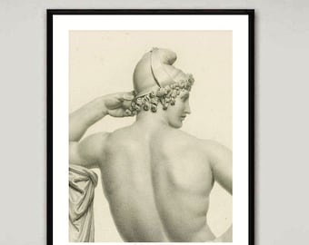 May include: A black and white print of a sculpture of a person wearing a helmet and a laurel wreath. The person is facing away from the viewer and their back is visible.