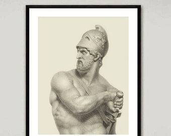 May include: A black and white line drawing of a sculpture of a man wearing a helmet and holding a sword. The sculpture is of a Greek warrior.