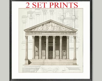 May include: A black and white architectural drawing of a classical building with columns and a pediment. The drawing is labeled "2 SET PRINTS" and includes details of the building's design.