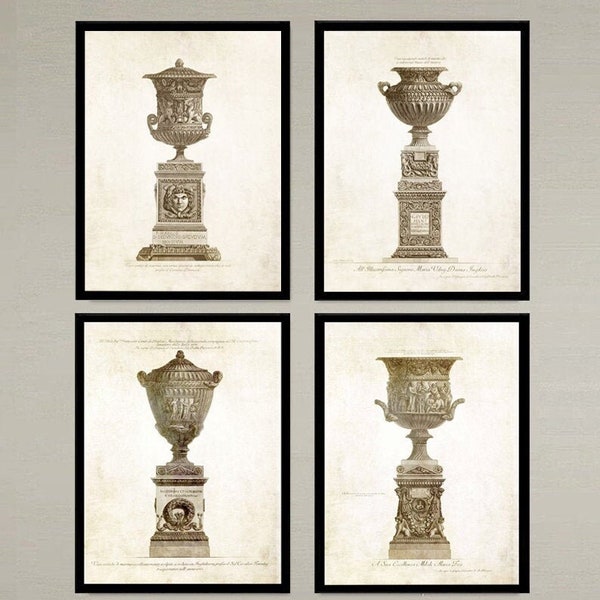 4 classic French garden pots, planters, urns art prints. Impressive wall art home decor office decor, great house warming gift!