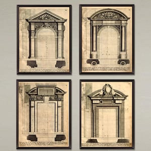 Architecturale prints Europese gevel, set van 4, klassiek woondecoratie afbeelding 1